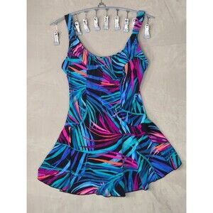 Maxine Hollywood One Piece Swim Dress Size 12 Tropical Neon Palm Skirted